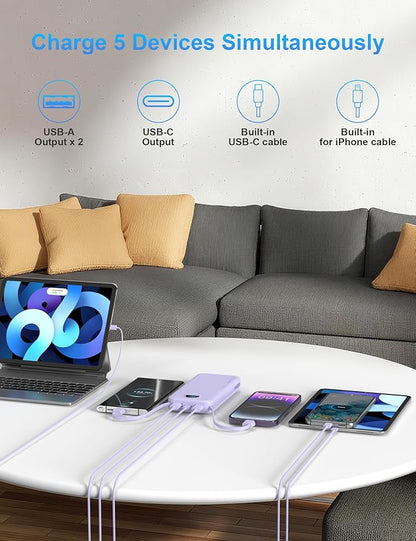 Portable Charger with Wall Plug, 12000mAh USB C Power Bank Fast Charging, External Battery Pack with Built in Cables, Digital Display, 5 Output 4 Input for iPhone Android Cell Phone Tablet