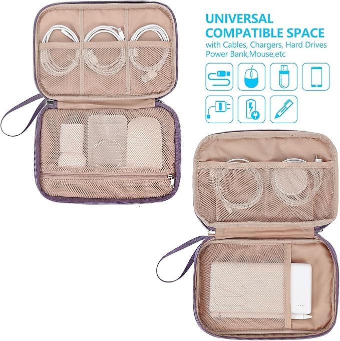 NISHEL Travel Cord Organizer Case, Double Layers Tech Electronic Bag, Essentials for Charger, Cable, Phone, Flash drive, Large, Purple