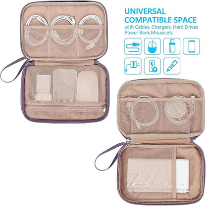 NISHEL Travel Cord Organizer Case, Double Layers Tech Electronic Bag, Essentials for Charger, Cable, Phone, Flash drive, Large, Purple