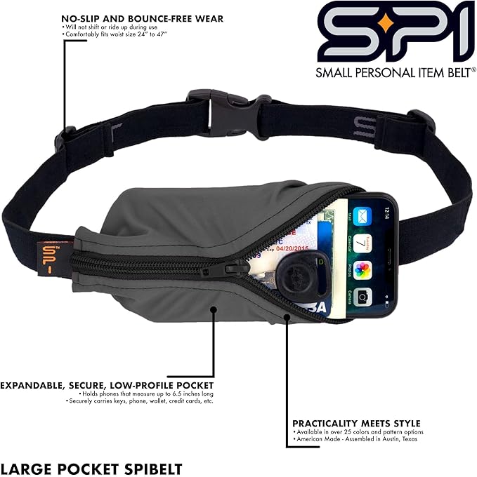 SPIbelt Running Belt for Women Men, Phone Holder for Running, Running Fanny Pack, Holder for Phone, Running Waist Pack, Adjustable Waist, [Fits All Phones]. Black with Black Zipper