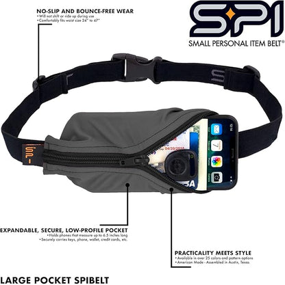 SPIbelt Running Belt for Women Men, Phone Holder for Running, Running Fanny Pack, Holder for Phone, Running Waist Pack, Adjustable Waist, [Fits All Phones]. Black with Anthracite Zipper