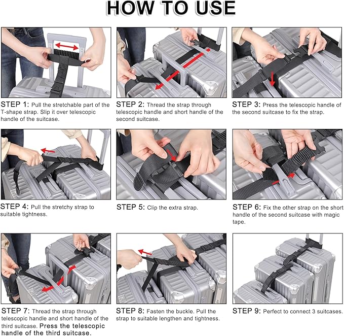 Vigorport Luggage Straps, Straps for Suitcase, 1.5”Width Add A Bag Stretchable Attachment Accessories for Connect Your 3 Luggage Together (Black, 1.5" Width)