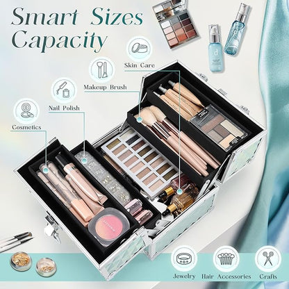 RENESSA Makeup Train Case Portable Makeup Case Organizer Cosmetic Box Make Up Box Makeup Organizer Cosmetic Storage Cases with Locking Nail Kit Organizer Travel Case Shiny Blue