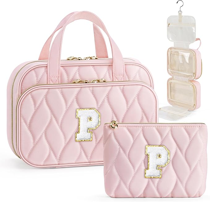 YOOLIFE Hanging Toiletry Bag for Women - Travel Toiletry Bag Makeup Bag, Portable Toiletries Cosmetic Bag, Airplane Travel Essentials - Letter P, Pink