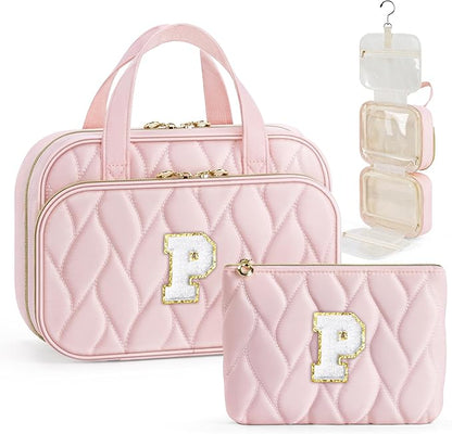 YOOLIFE Hanging Toiletry Bag for Women - Travel Toiletry Bag Makeup Bag, Portable Toiletries Cosmetic Bag, Airplane Travel Essentials - Letter P, Pink