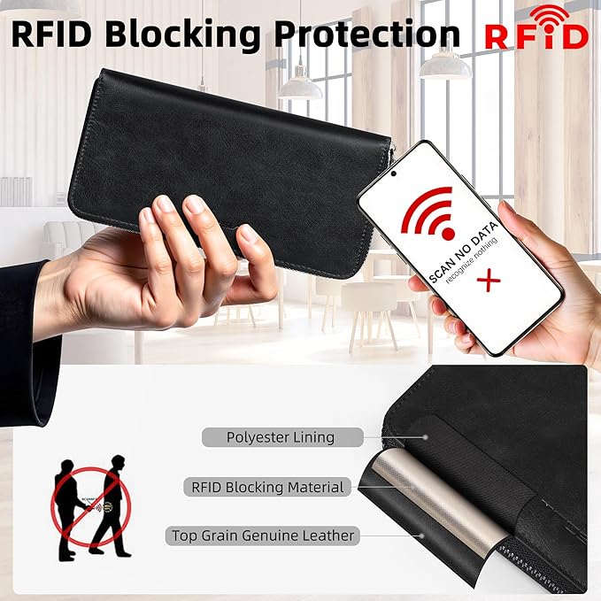 VISOUL Leather Long Zipper Pouch Wallet for Men and Women with RFID Blocking, Large Clutch Cash Long Wallet with Zipper (Black)