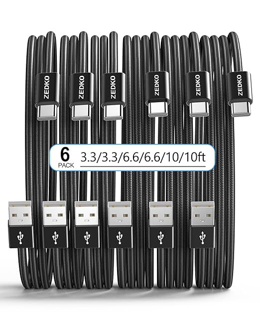 ZEDKO USB to USB C Cable 6 Pack (3/3/6/6/10/10ft) Braided USB A to Type C Fast Charging Cable for iPhone 17 16 15 Pro Max Galaxy S25 S24 A17 A16 Note 9 Pixel 10 USBC Charger Cord for Android Black