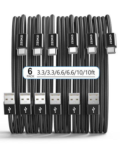 ZEDKO USB to USB C Cable 6 Pack (3/3/6/6/10/10ft) Braided USB A to Type C Fast Charging Cable for iPhone 17 16 15 Pro Max Galaxy S25 S24 A17 A16 Note 9 Pixel 10 USBC Charger Cord for Android Black