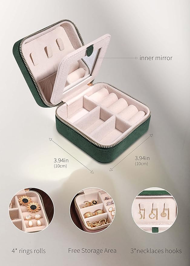 S.Leaf Travel Jewelry Organizer Boxes for Women Small Portable Necklace Earrings Bracelet Rings Travel Case Best Friend Birthday Gifts for Women Trendy (08_Suede_Touch_Emerald)