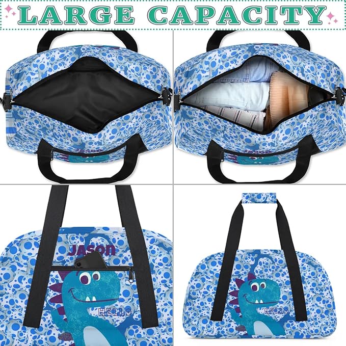 Personalized Duffel Bag for Kids Girls Boys, Dinosaur Custom Name Gym Bag Overnight with Padded Handles Carry On Weekend Sports Travel Bag for School Practice Gymnastics Ballet