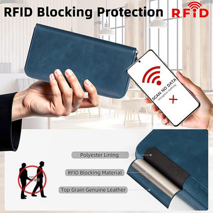 VISOUL Leather Long Zipper Pouch Wallet for Men and Women with RFID Blocking, Large Clutch Cash Long Wallet with Zipper (Navy Blue)