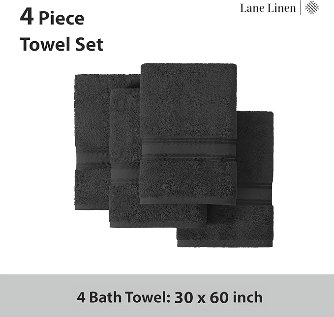 LANE LINEN 100% Cotton Bath Towels 4 Pack (30"x60") - Zero Twist, Mercerized Cotton Large Towel Set for Bathroom - Quick Dry, Soft & Absorbent Large Bath Towel Set - Oeko Tex Certified - Black Towels