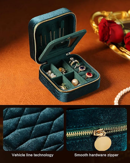 Velvet Jewelry Box – Travel Jewelry Case Organizer with Mirror, Adjustable Compartments for Women | Luxury Storage Case & Gift for Her - Light Blue
