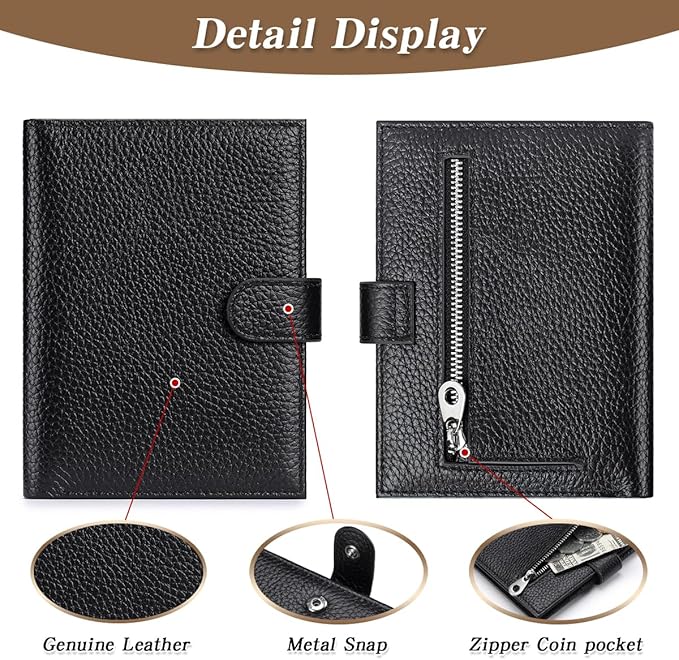 Passport Holder for Travel Women RFID Blocking Genuine Leather Passport Wallet with Card Slots, Zipper Coins Pocket, Cash Holder, Black