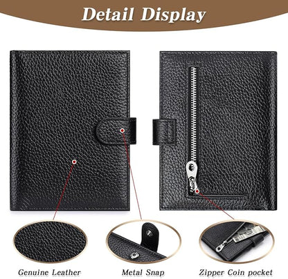 Passport Holder for Travel Women RFID Blocking Genuine Leather Passport Wallet with Card Slots, Zipper Coins Pocket, Cash Holder, Black