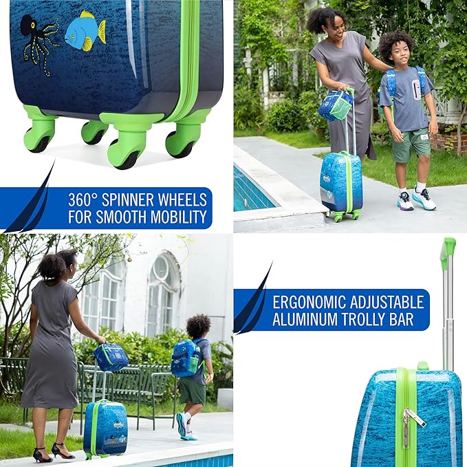 Nautica Kids Luggage - 18" Airline Approved Rolling Hardside Upright Carry-on Suitcase Set with Wheels (Submarine Journey | 5pc School Set)