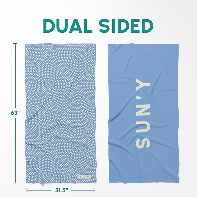 SUN'Y Waffle Microfiber Beach Towel – Sand Free, Quick Dry, Ultra Absorbent, Lightweight & Compact Travel Towel with Carry Bag - Large (63” x 31.5”), Raindrop