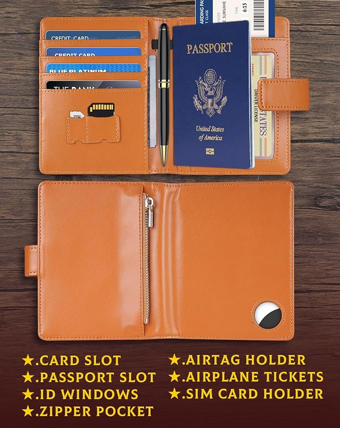 Passport Holder Wallet Cover Case for Women and Men,RFID Blocking,Passport Case with AirTag Holder,Travel Accessories (Brown)
