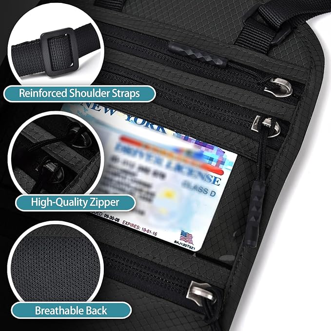 RFID Blocking Travel Neck Wallet–Hidden Passport Holder & Anti-Theft Money Pouch for Men & Women, Lightweight Concealed Travel Organizer with Adjustable Strap Secure Document