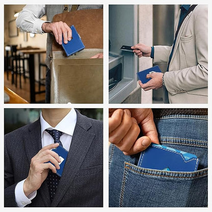 Men's Wallet, Genuine Leather RFID Blocking Slim Money Clip Wallet Minimalist Front Pocket Tri-Fold Money Clip Credit Card Holder with Present Box Blue