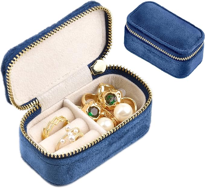 TAIMY Mini Jewelry Travel Case, Velvet Small Travel Jewelry Box, Portable Jewelry Travel Organizer Box for Rings Earrings Necklaces, Gifts for Women Girls(Navy Blue)