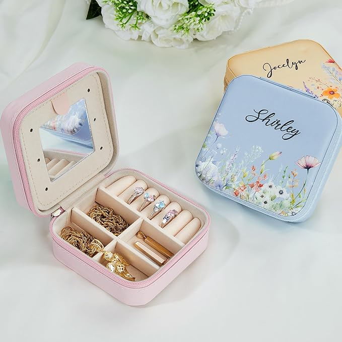 Custom Travel Jewelry Case With Mirror Small Leather Custom Name Birth Flower Jewelry Travel Case Birthday Jewelry Box Christmas Gifts For Mother Grandma Daughter Women Size 4×4×2INCH