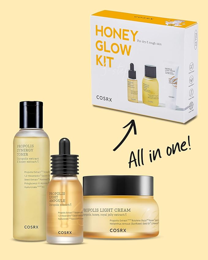 COSRX Honey Glow Kit, Korean Skin Care Set with Propolis Facial Toner, Serum, & Cream, Mini Travel Essentials, Moisture, Hydration, Nourishment, Travel Size Gift, Stocking Stuffers, Holiday Gift set