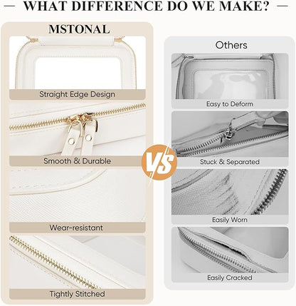 Clear Makeup Bag, Travel Toiletry Bag Cosmetic Case for Women, Waterproof Portable Make Up Skincare Pouch with Zipper, Compact Car Organizer Bag for Essentials, Medium Size, Ivory White