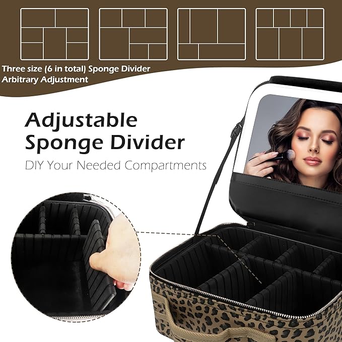 Travel Makeup Bag Cosmetic Bag Makeup Organizer Bag with Lighted Mirror, Adjustable Brightness in 3 Color Scenarios, Waterproof Makeup Train Case, Gift for Women - Leopard Brown