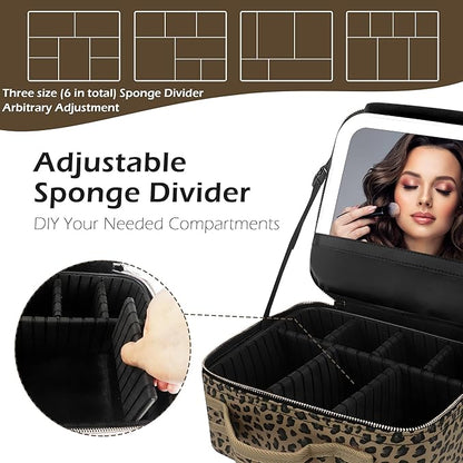 Travel Makeup Bag Cosmetic Bag Makeup Organizer Bag with Lighted Mirror, Adjustable Brightness in 3 Color Scenarios, Waterproof Makeup Train Case, Gift for Women - Leopard Brown