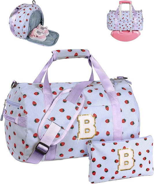 8 Year Old Girl Birthday Gifts, Girls Gym Bag, Kids Personalized Overnight Duffle Bags with Shoe Compartment, Monogram Travel Tote with Makeup Bag, Gift for Ballet Dance Girl (Letter B)