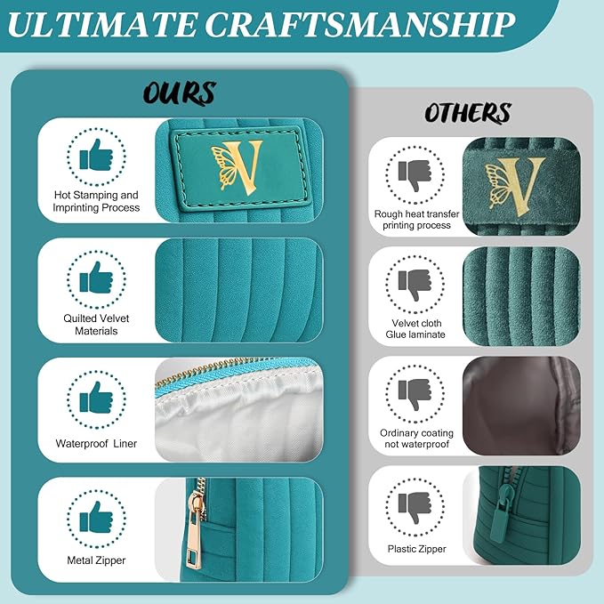 Monogrammed Make Up Bags for Women,Personalized Cosmetic Bags Women,Small Quilted Makeup Pouch,Cute Makeup Bag Travel,Birthday Gifts for Teen Girl (Blue V)