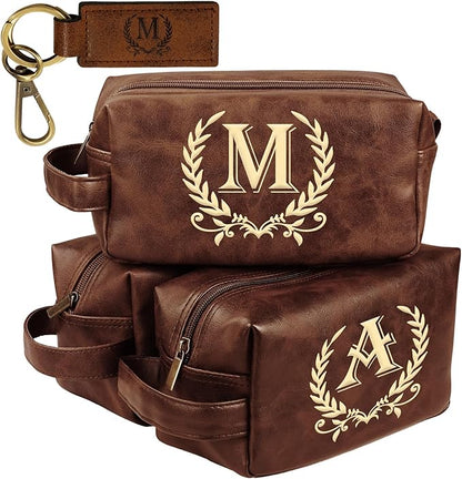Leather Toiletry Bag Men Personalized Waterproof Shaving Bag, Travel Gift for Men Women with Initials A-Z - DarkBrown(M)