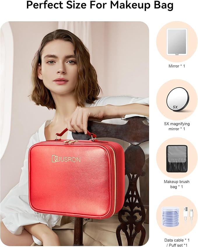 JUSRON Travel Makeup Bag With LED Mirror, Cosmetic Train Case with Light up Mirror, Portable Makeup Artist Organizer Bag with Adjustable Dividers, Makeup Brush Holder Storage (Red, Large)