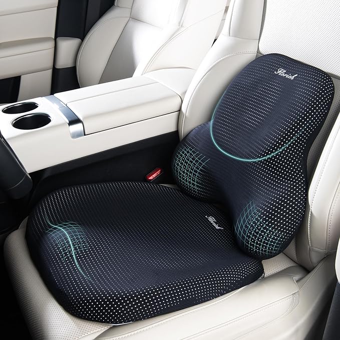 FLORICH Car Seat Cushion and Lumbar Support Pillow for Office Chair Car, Ergonomic Memory Foam, Relieves Back Sciatica Pain, Pressure-Relieving Back Support for Car, Office Chair & Wheelchair – Black