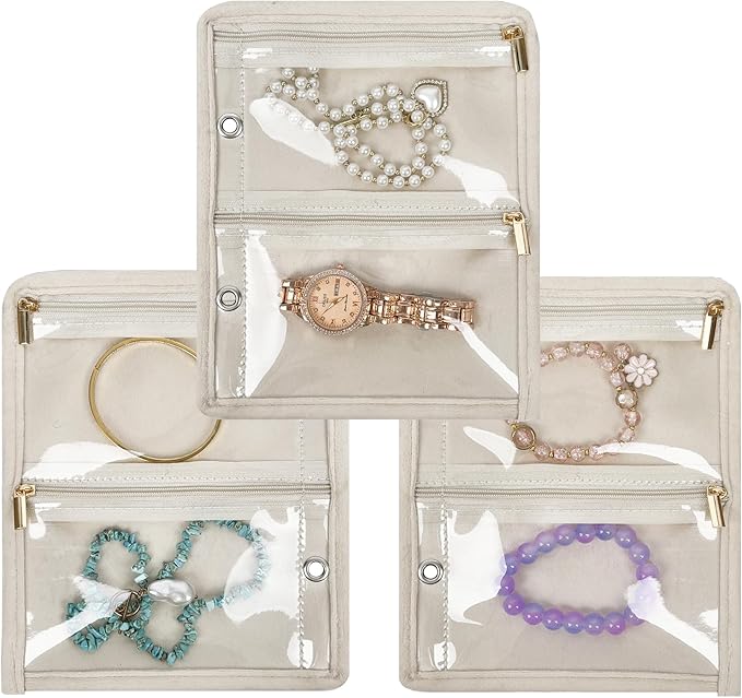 Travel Jewelry Organizer Case,Small Jewelry Bags for Traveling, Jewelry Binder with 24 Pcs Clear Zipper Velvet Pouches (Inner Pages,Beige,3 PCS)