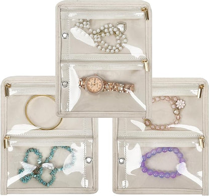Travel Jewelry Organizer Case,Small Jewelry Bags for Traveling, Jewelry Binder with 24 Pcs Clear Zipper Velvet Pouches (Inner Pages,Beige,3 PCS)