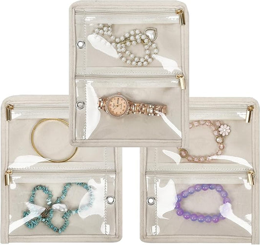 Travel Jewelry Organizer Case,Small Jewelry Bags for Traveling, Jewelry Binder with 24 Pcs Clear Zipper Velvet Pouches (Inner Pages,Beige,3 PCS)