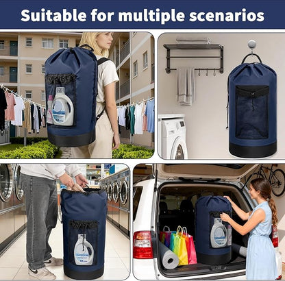 Laundry Bag Backpack with 3 Sizes Mesh Wash Bags and Shoulder Straps Foldable Clothes Hamper Bag with Drawstring Closure for College, Apartment, Laundromat (Dark Blue)