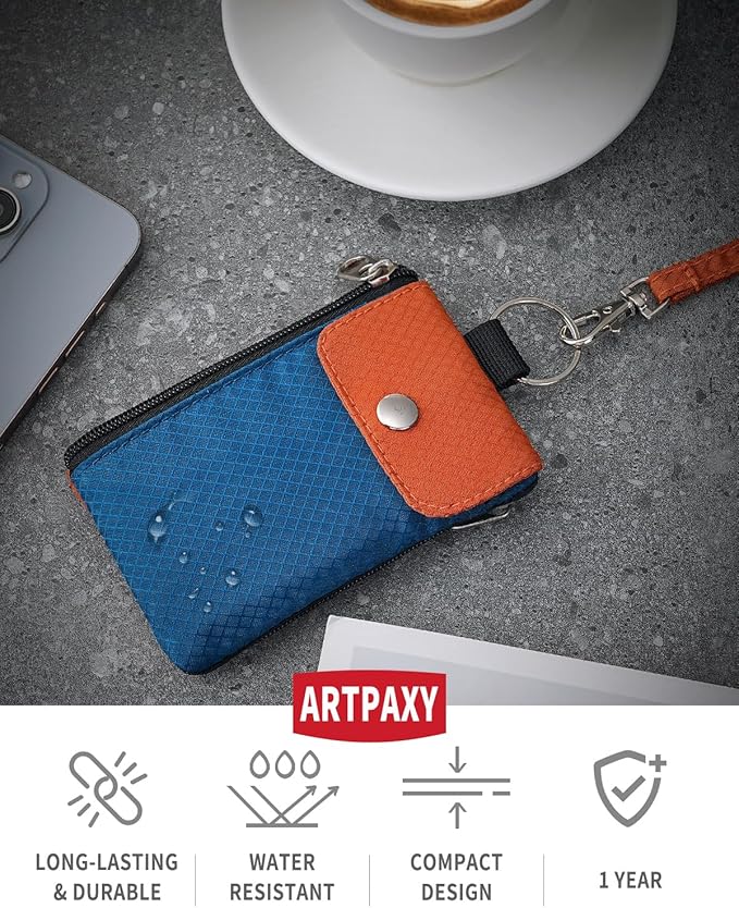 Minimalist Wallet For Mens Womens, Keychain RFID Blocking Zipper Small Wallet with ID Window 2 Lanyards,Water Resistant Travel Cash Card Coin Case Boys Girls