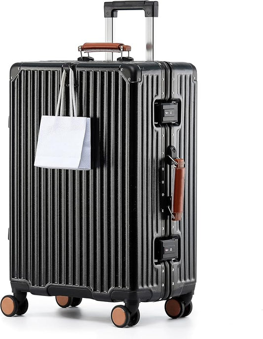 24 Inch Hardside Checked Luggage with Leather Handle, PC Zipperless Suitcase with Spinner Wheels and TSA Locks, Lightweight Checked Luggage for Travel, Black