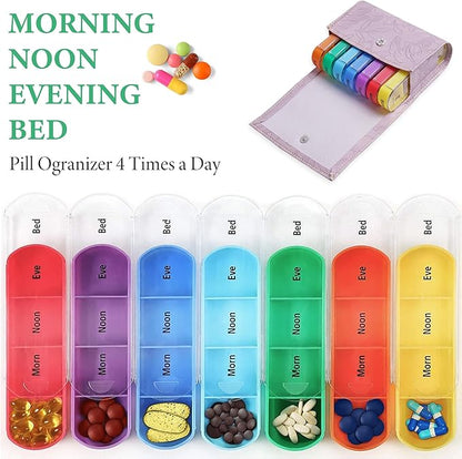 Pill Organizer,LIZIMANDU Weekly Travel Pill Case Box Medication Reminder Daily AM PM, Day Night 7 Compartments,for 4 Times A Day, 7 Days a Week-Includes Leather PU Carrying Case(1-Carved Purple)
