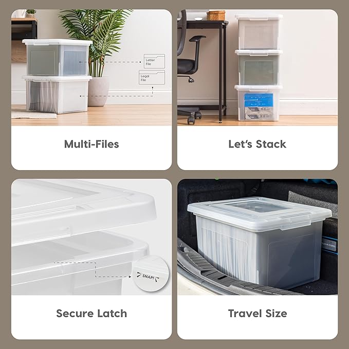 IRIS USA File Box, Plastic File Boxes With Lids, Document Organizer for Letter/Legal File, Document Box, Storage Bin For Hanging Files, Secure Latching Lid Stackable BPA-Free, Clear 35 Qt. 1 Pack