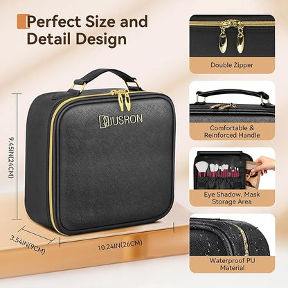 JUSRON Portable Makeup Bag with Adjustable Dividers, Makeup Brush Holder Storage (Black No Mirror, Small)