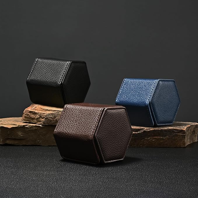 Oirlv Luxury Hexagonal Leather Watch Travel Case Single Watch Box for Men Portable Jewelry Storage Roll Organizer(1-Slot,Blue)