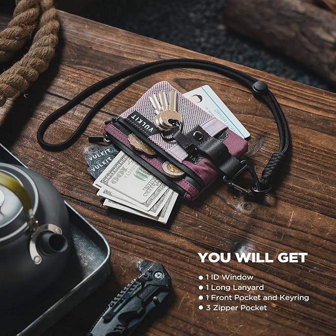 VULKIT Small RFID Wallet for Women & Men – Minimalist Zipper Wallet with ID Window, Keychain & Carabiner, Holds 15 Cards, Water Resistant Travel Lanyard Wallet Wine Pink