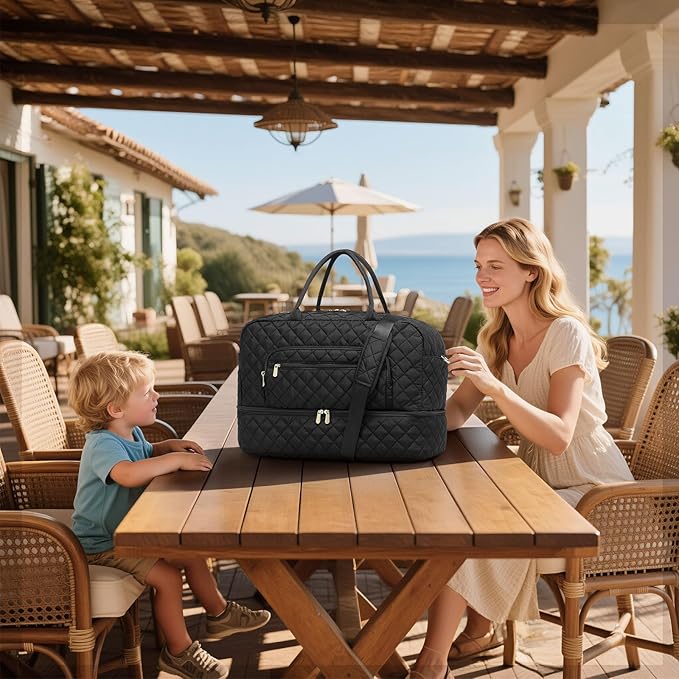 50L Large Travel Duffle Bag for Women, Weekender Overnight Bag W/Shoe Compartment+Wet Pocket+Toiletry Bag TSA Approved, Black