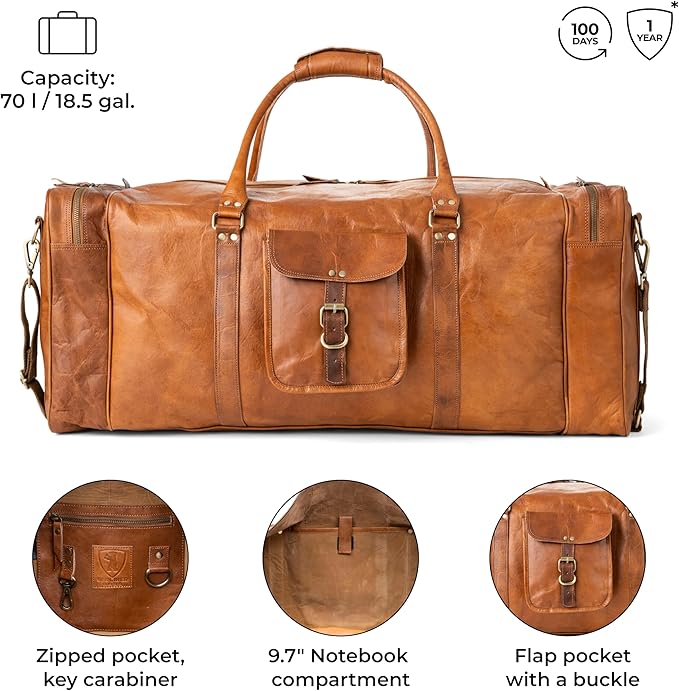 Berliner Bags Vintage Genuine Leather Duffle Bag New York XXXL for Travel or the Gym, Weekender, Travel Bag, Overnight Bag for Men and Women - Brown