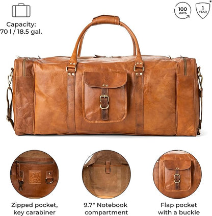 Berliner Bags Vintage Genuine Leather Duffle Bag New York XXXL for Travel or the Gym, Weekender, Travel Bag, Overnight Bag for Men and Women - Brown