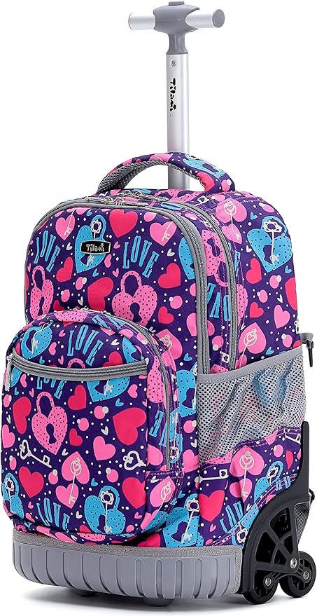 NEW TILAMI 18 Inch Rolling Backpack with Wheels for Girls Boys Kids Laptop Backpack School Travel, Pink Love key